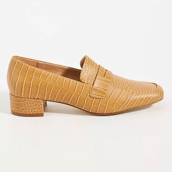 A/Anthropologie NWOT Hadley Tan Embossed Croc Penny Loafers Sz 9 - Picture 1 of 7